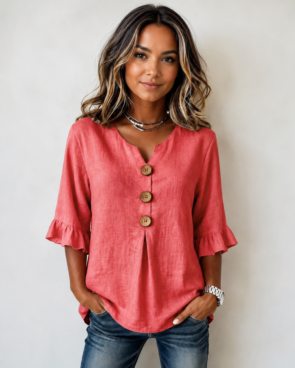 Glenda - Elegante Bluse mit V-Ausschnitt und Knöpfen