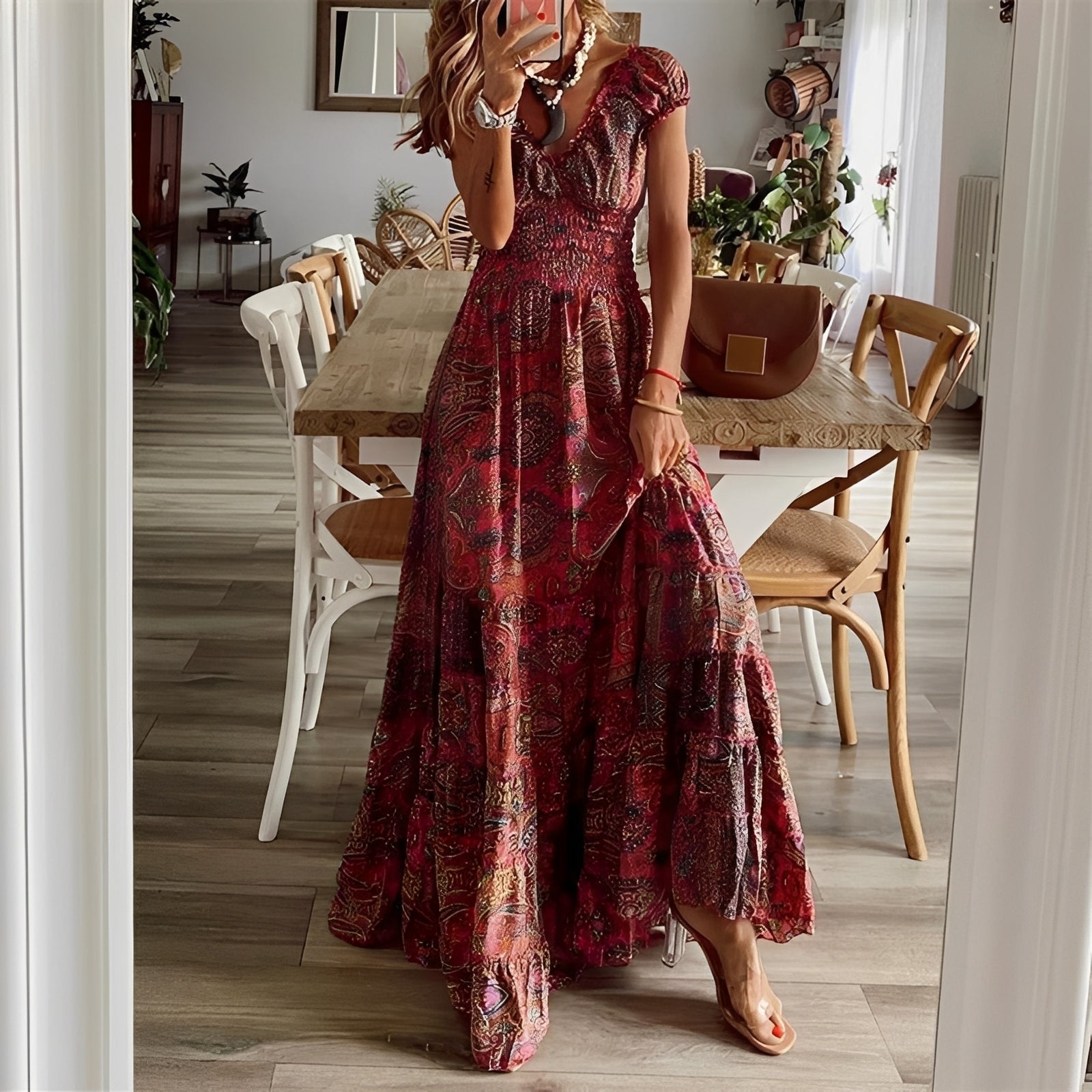 Christina - Damen-Maxikleid im Boho-Stil mit Blumendruck