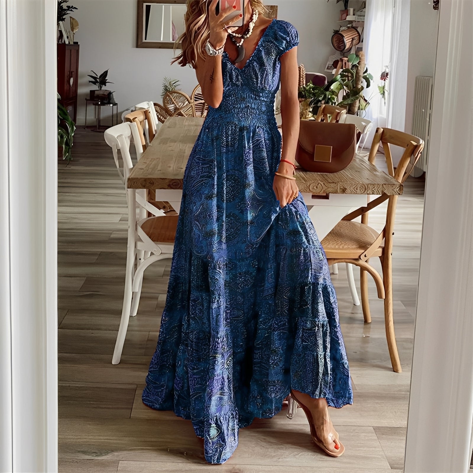 Christina - Damen-Maxikleid im Boho-Stil mit Blumendruck