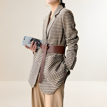 Damen Blazer Hahnentritt Muster Langarm Gürtel regulärer Schnitt