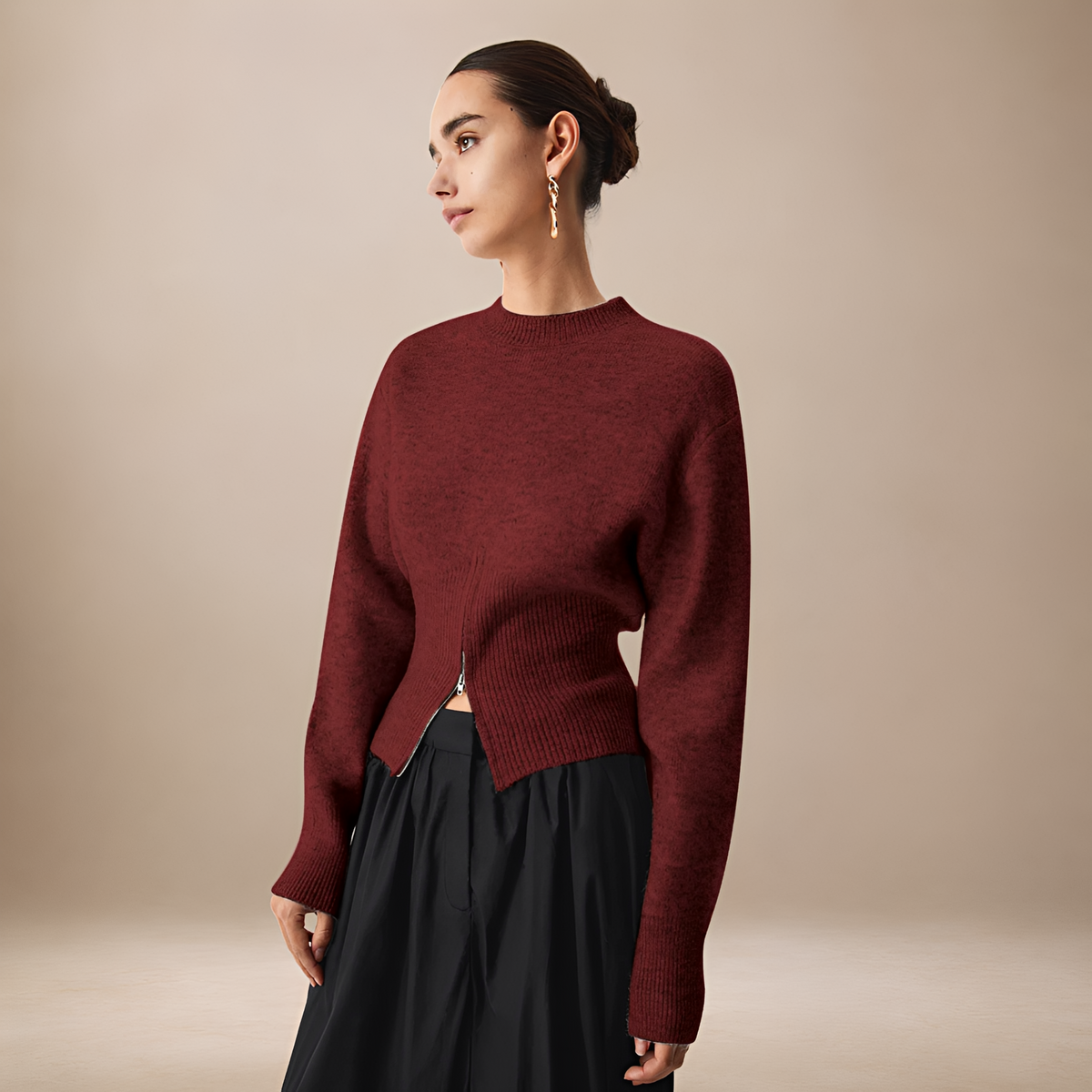 Damen Langarmpullover mit Half-Zip, Rundhalsausschnitt, Split-Design, Regular Fit