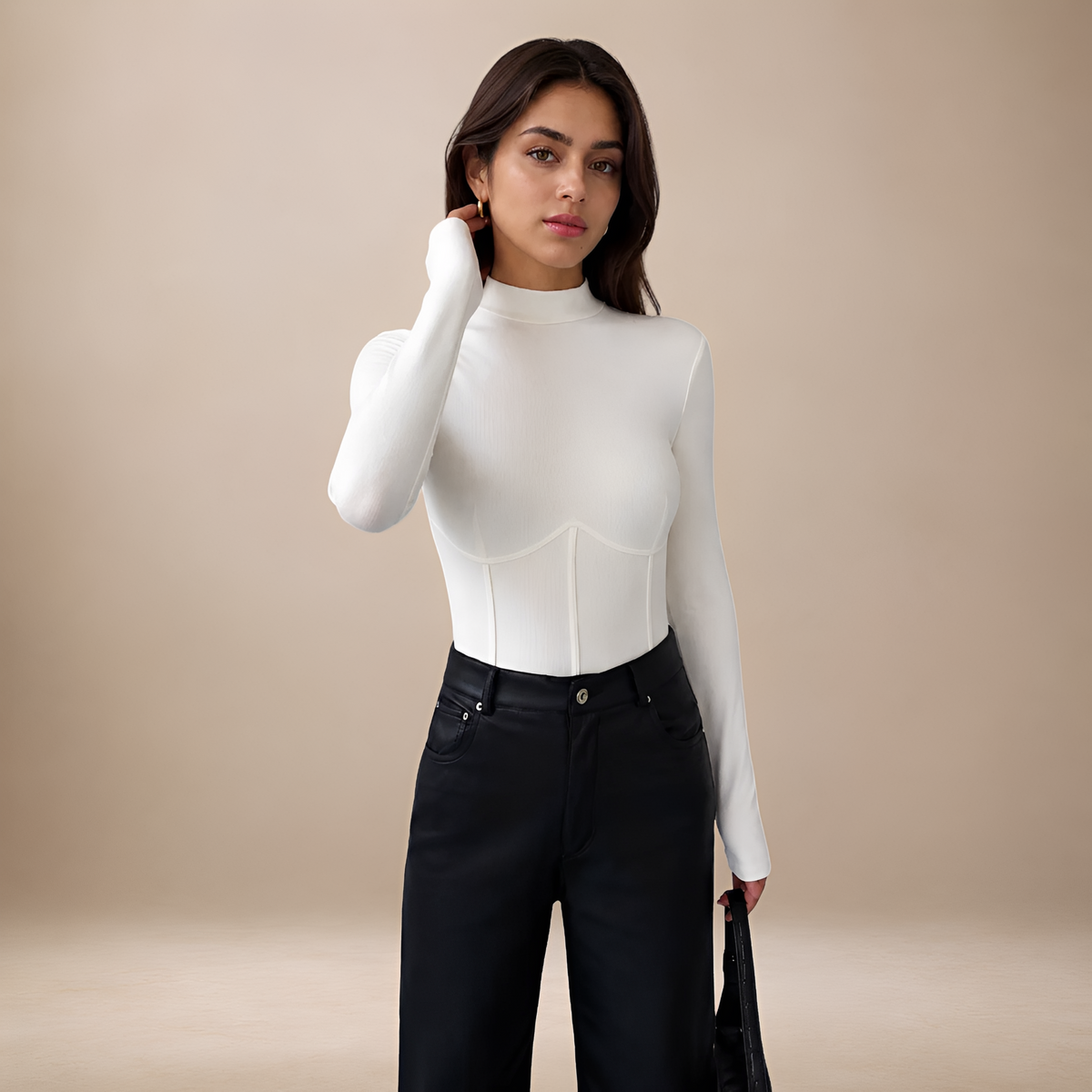 Damen Langarmshirt mit Rollkragen, Korsett-Details, Slim Fit