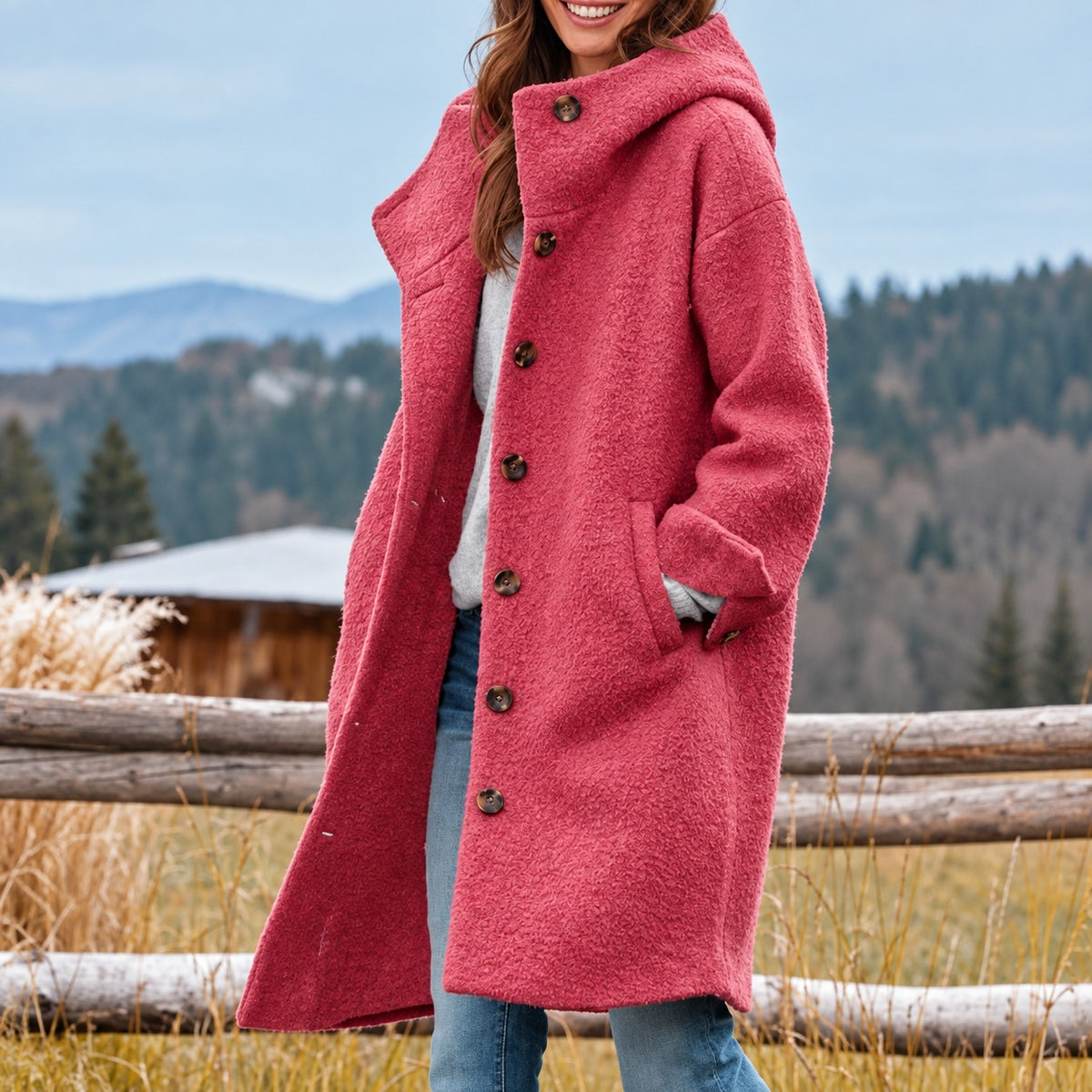 Damen Longcoat mit Kapuze und Knopfverschluss - Relaxed Fit