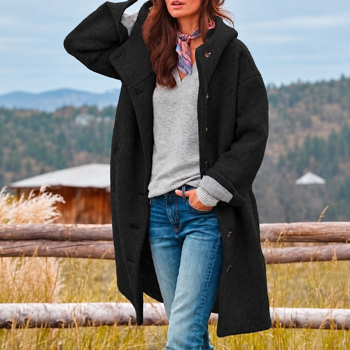 Damen Longcoat mit Kapuze und Knopfverschluss - Relaxed Fit