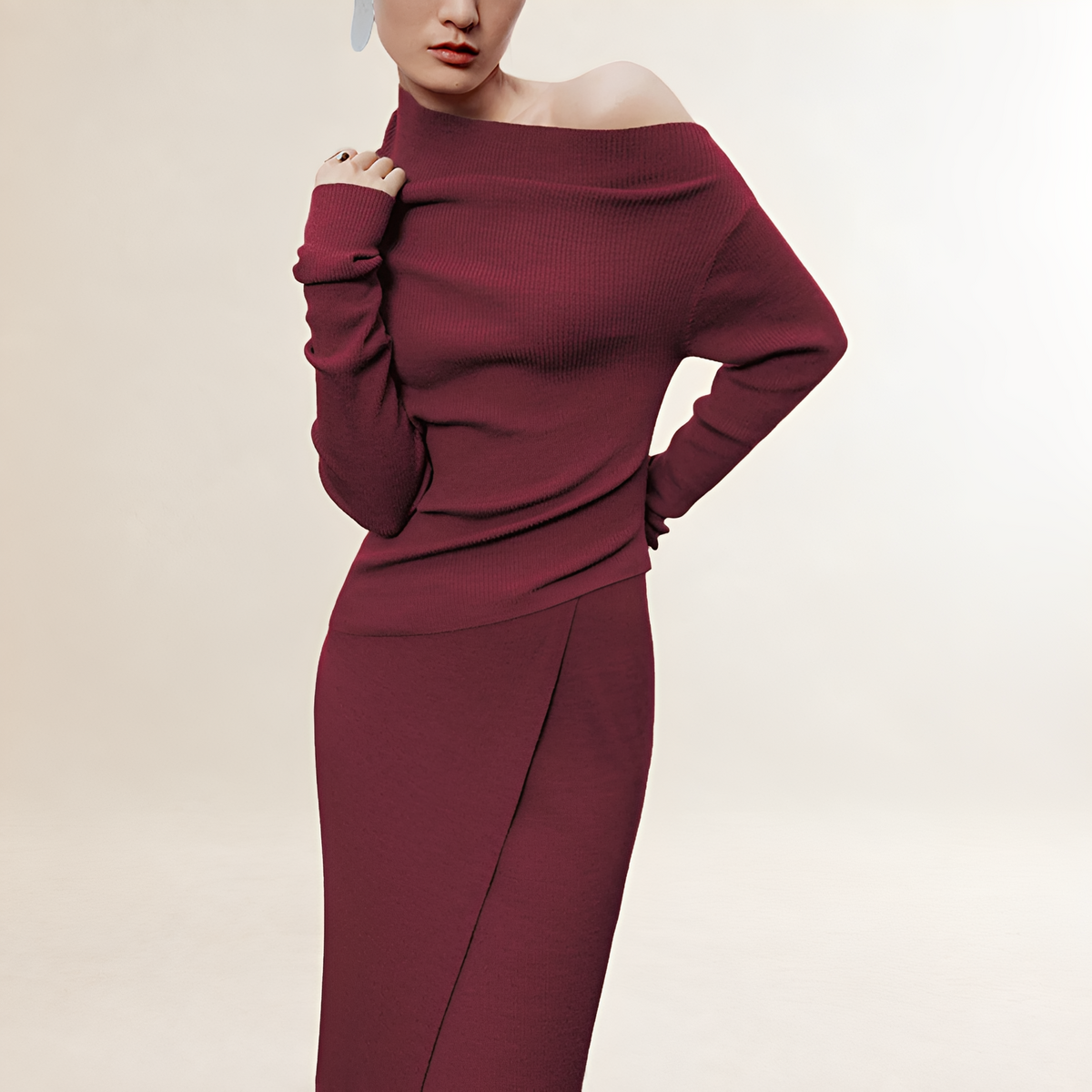 Damen Maxikleid Off-Shoulder Langarm Wickelstil mit Schlitz