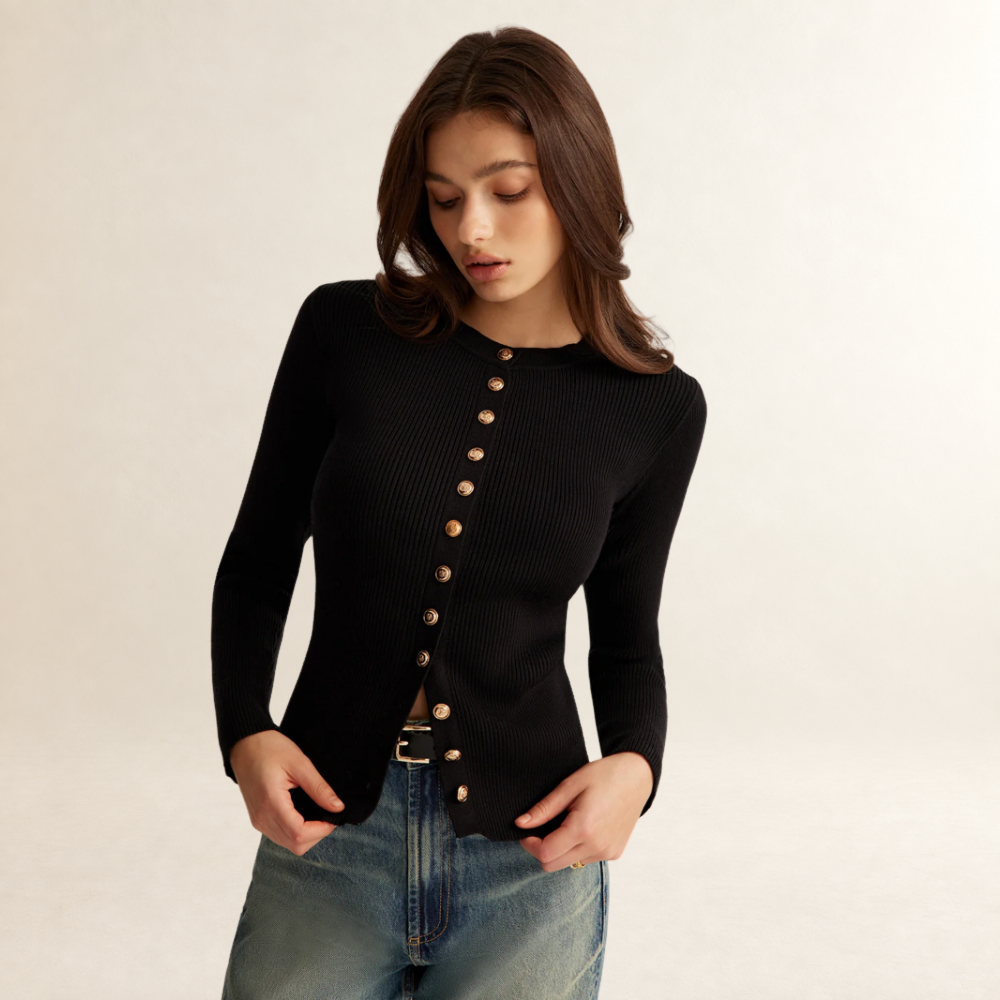 Damentaille Langarm Bluse mit Knopfleiste, enger Passform und Rippenstruktur