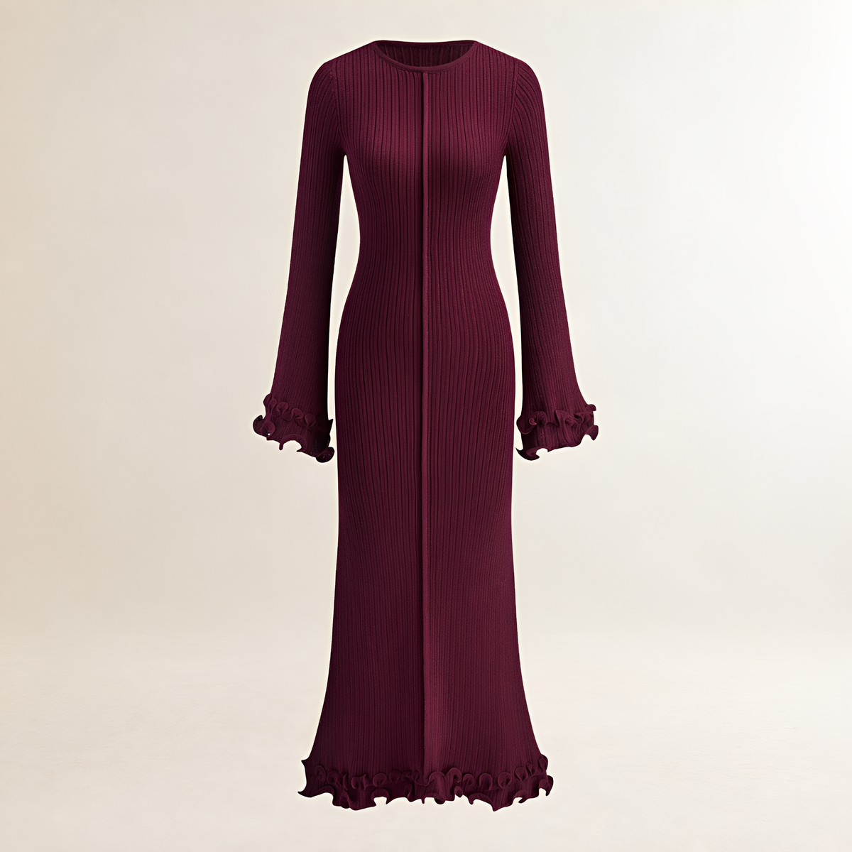 Damentaille Maxikleid mit Rüsche am Saum, langarm und figurbetonter Passform