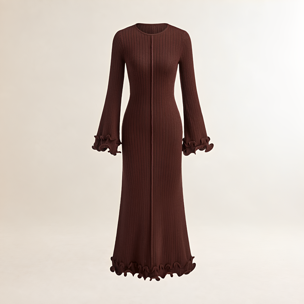 Damentaille Maxikleid mit Rüsche am Saum, langarm und figurbetonter Passform