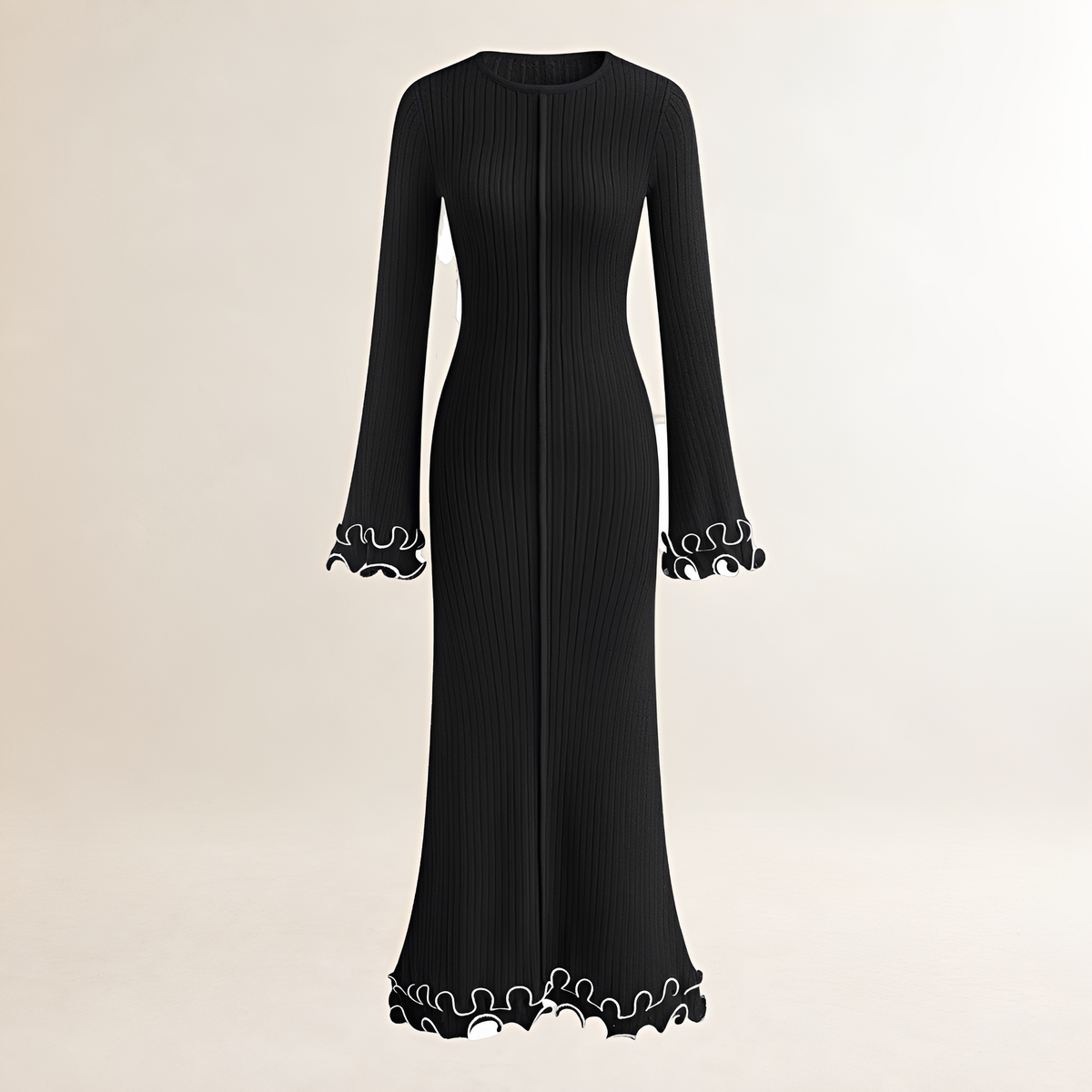 Damentaille Maxikleid mit Rüsche am Saum, langarm und figurbetonter Passform