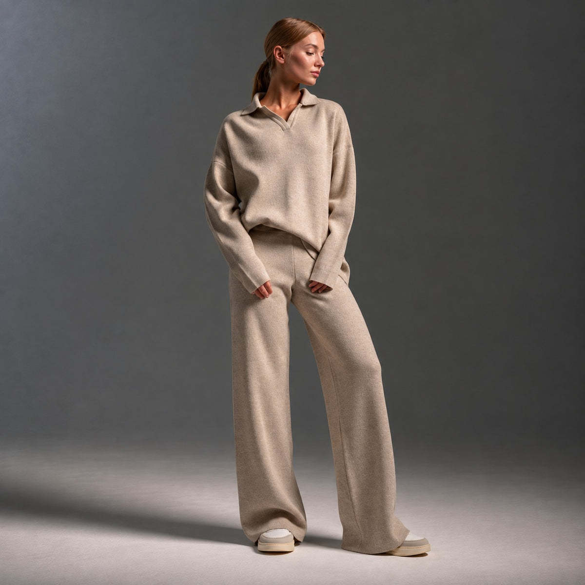 Damenturnbeutel-Set mit Polo-Kragen, Langarm, lockerer Schnitt und weite Hose
