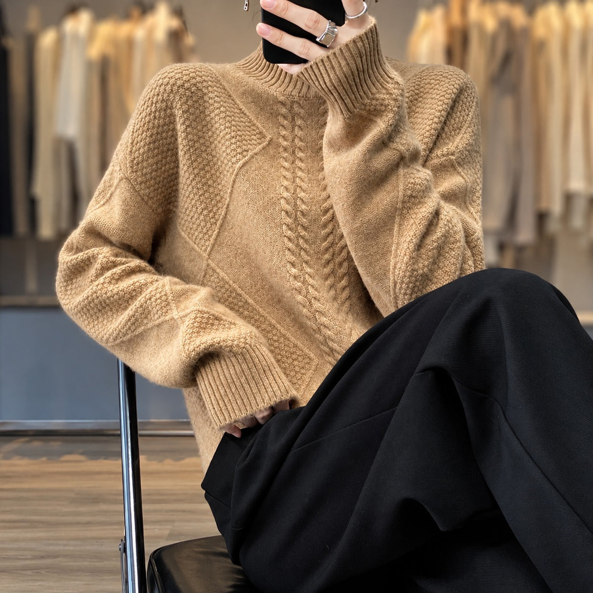 Damenturtleneck-Pullover Texturiertem Design lockerer Schnitt
