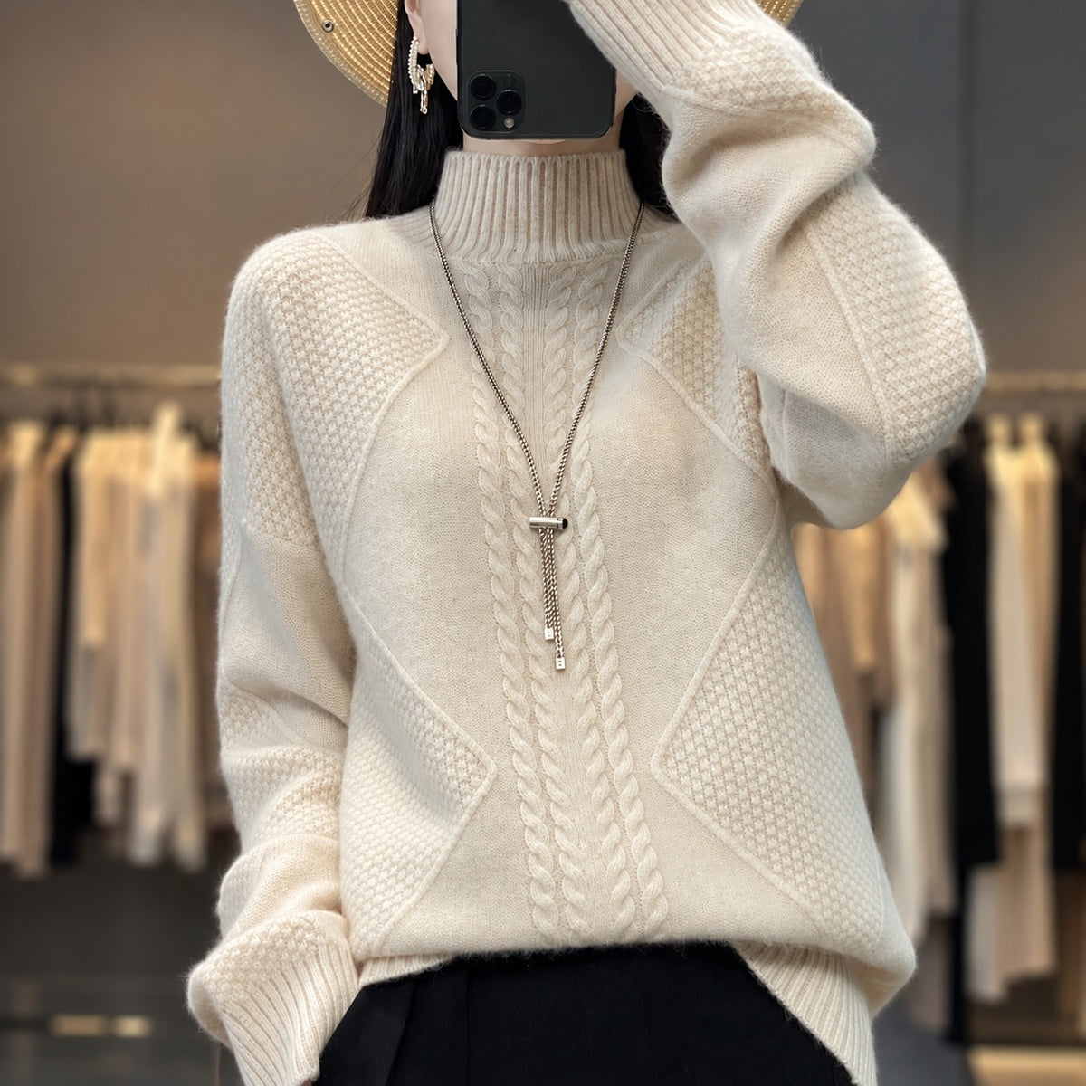 Damenturtleneck-Pullover Texturiertem Design lockerer Schnitt
