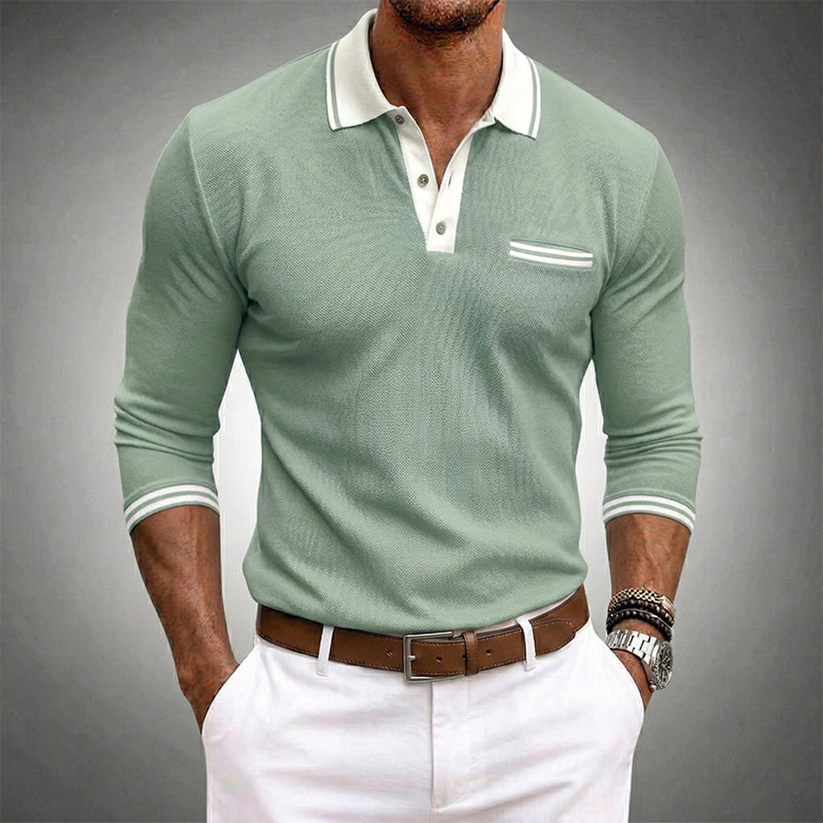 Herren Langarm Polo mit Kontrastdetails und Brusttasche