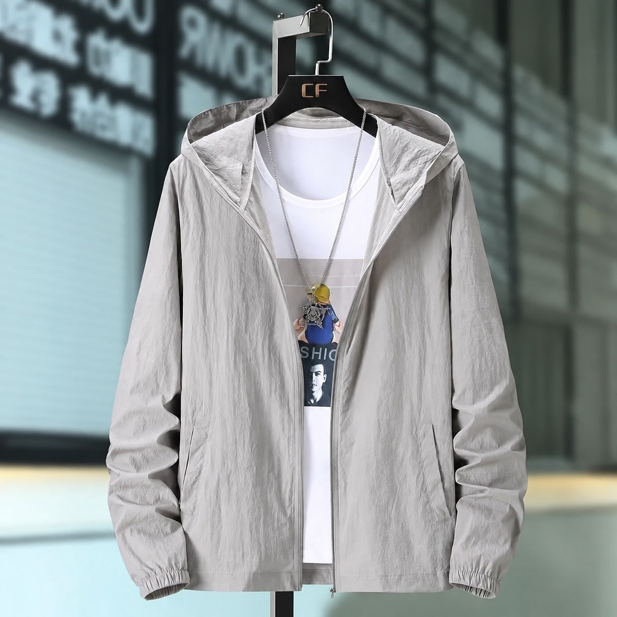 Herrener Hooded Jacke aus leichtem Material - Atmungsaktiv, Reißverschluss, verstellbare Kapuze
