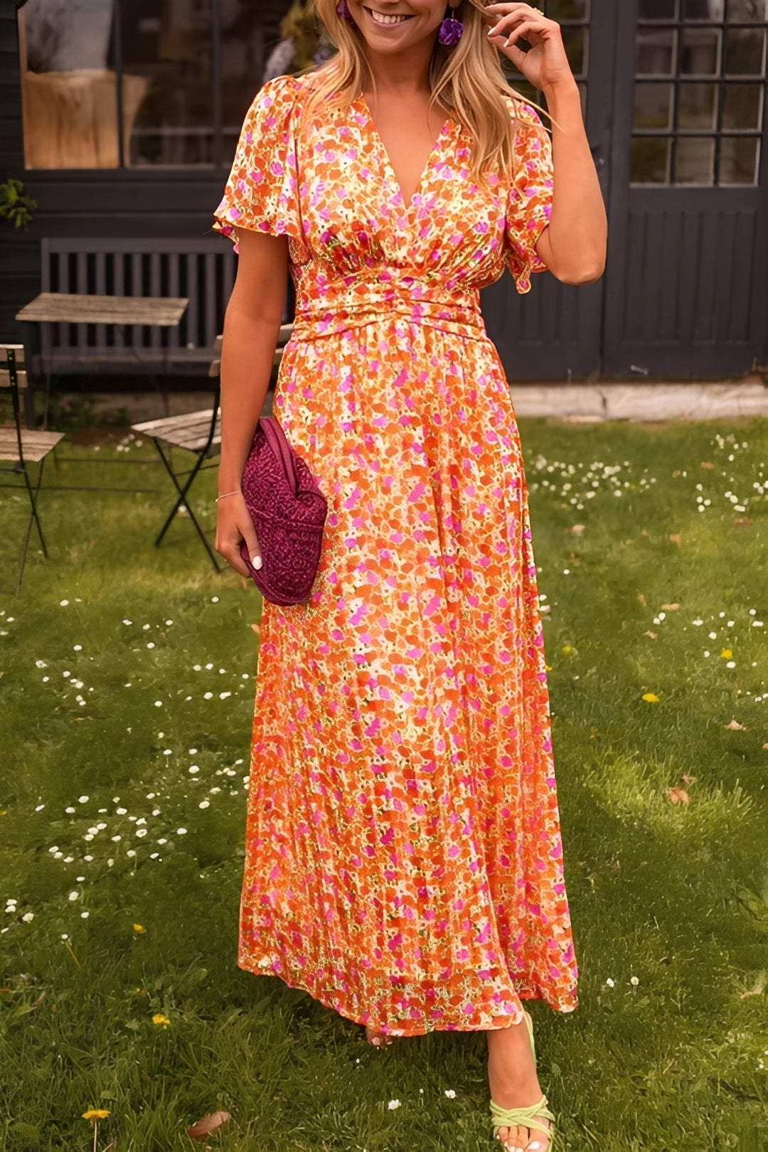 Rachel - Stilvolles langes Damenkleid mit V-Ausschnitt